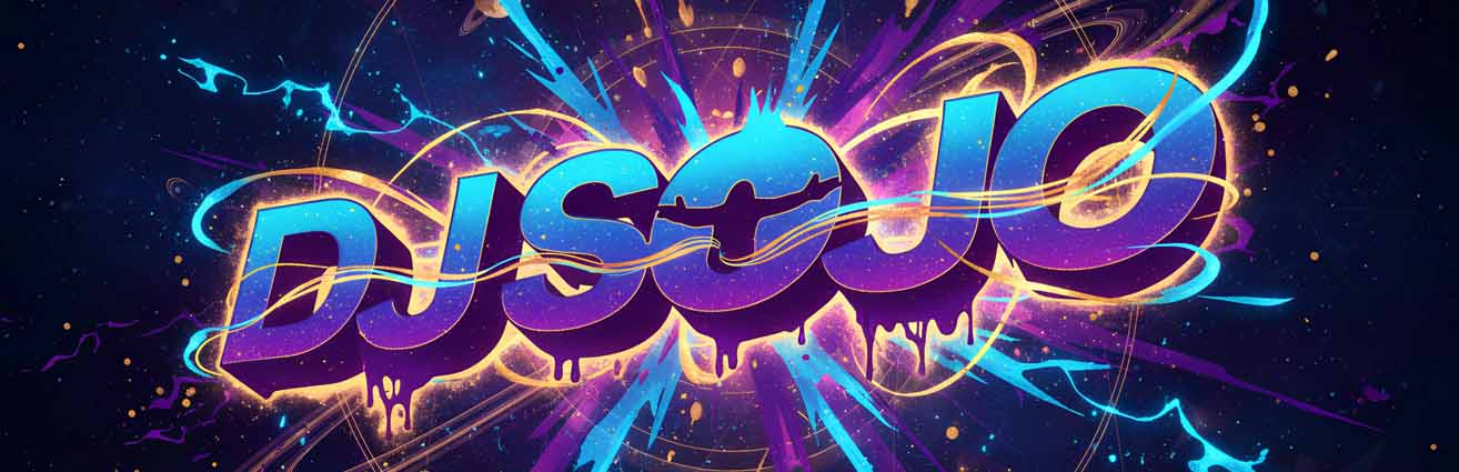 Colorful DJ Sojo artwork in electric cyan, violet and gold
